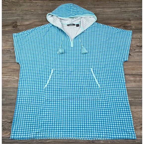 Lands’ End Hooded Blue White Check Beach Cover Up Oversized Terry Cloth S/M - Picture 1 of 9
